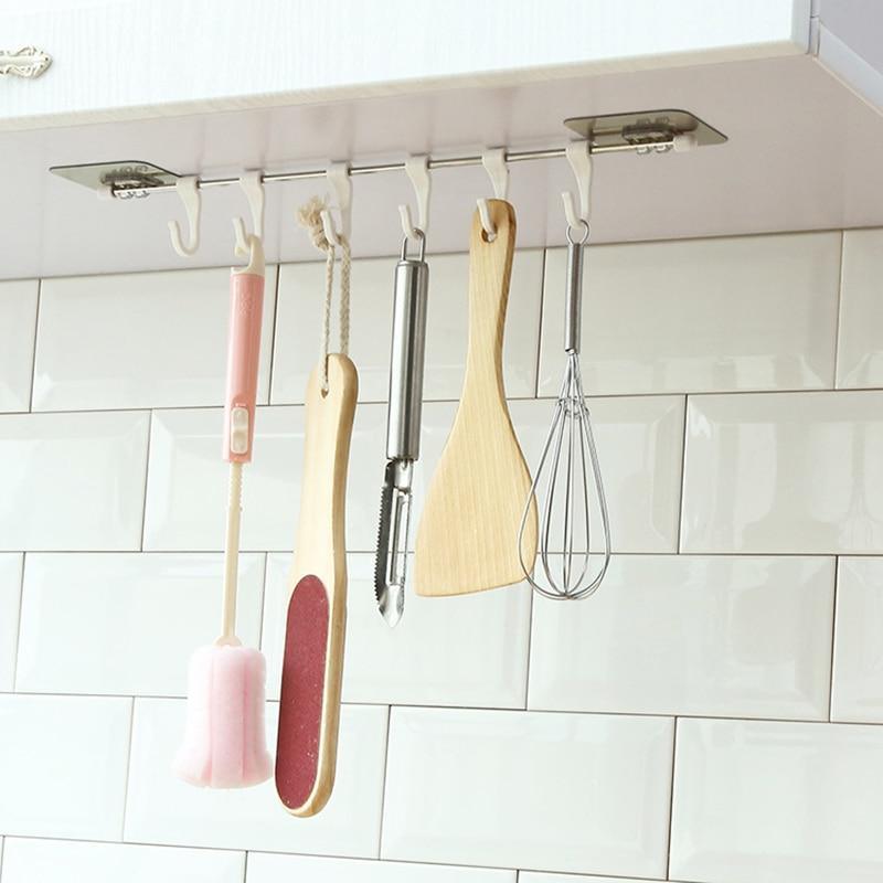 No Drill Stainless Steel 6 Hook Kitchen Organizer - GadgetsCay